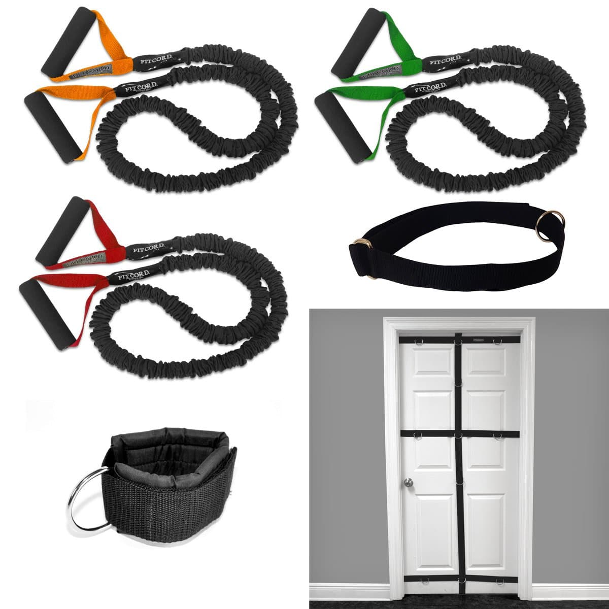 FitCord Resistance Bands Bundle - 4ft Premium Exercise Cords for Home & Gym Workouts - Set of 3-7lbs, 12lbs, 18lbs - Includes Ultimate Door Anchor, Ankle/Wrist Cuff and Training Belt