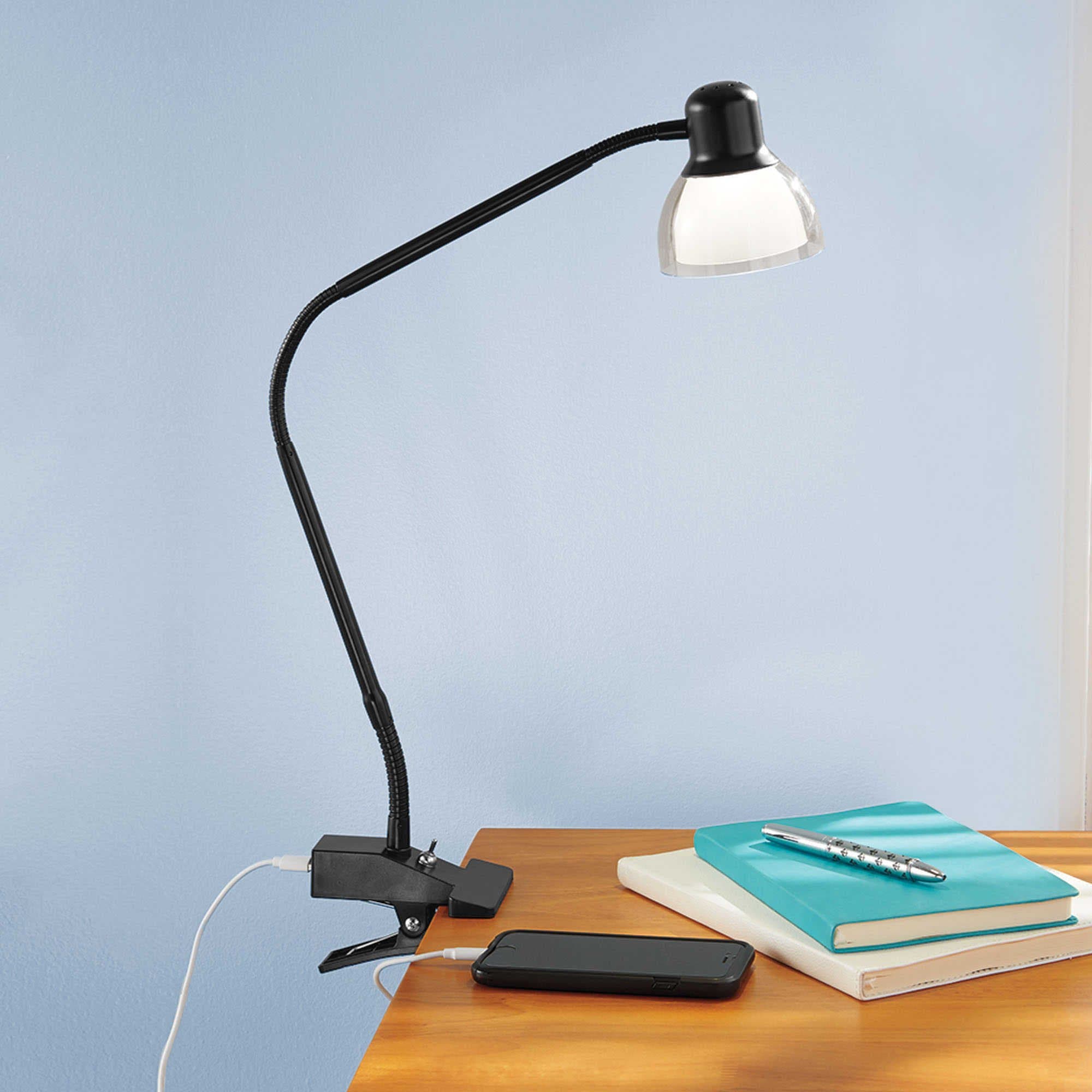 Functional LED Clip Lamp in Matte Black Featuring a Flexible Gooseneck Design Ideal for Lighting a Workspace or Desk Area w/ 60" Cord