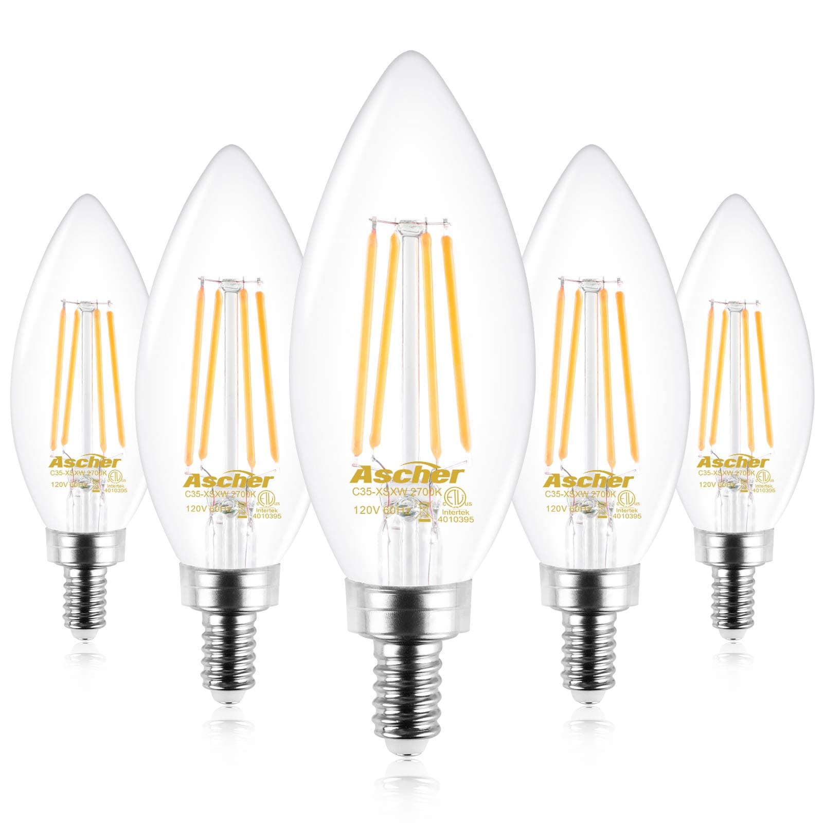 Ascher E12 Candelabra LED Light Bulbs 60 Watt Equivalent, 550 Lumens, Warm White 2700K, Decorative Candle Base, Filament Clear Glass, Non-Dimmable, Pack of 5