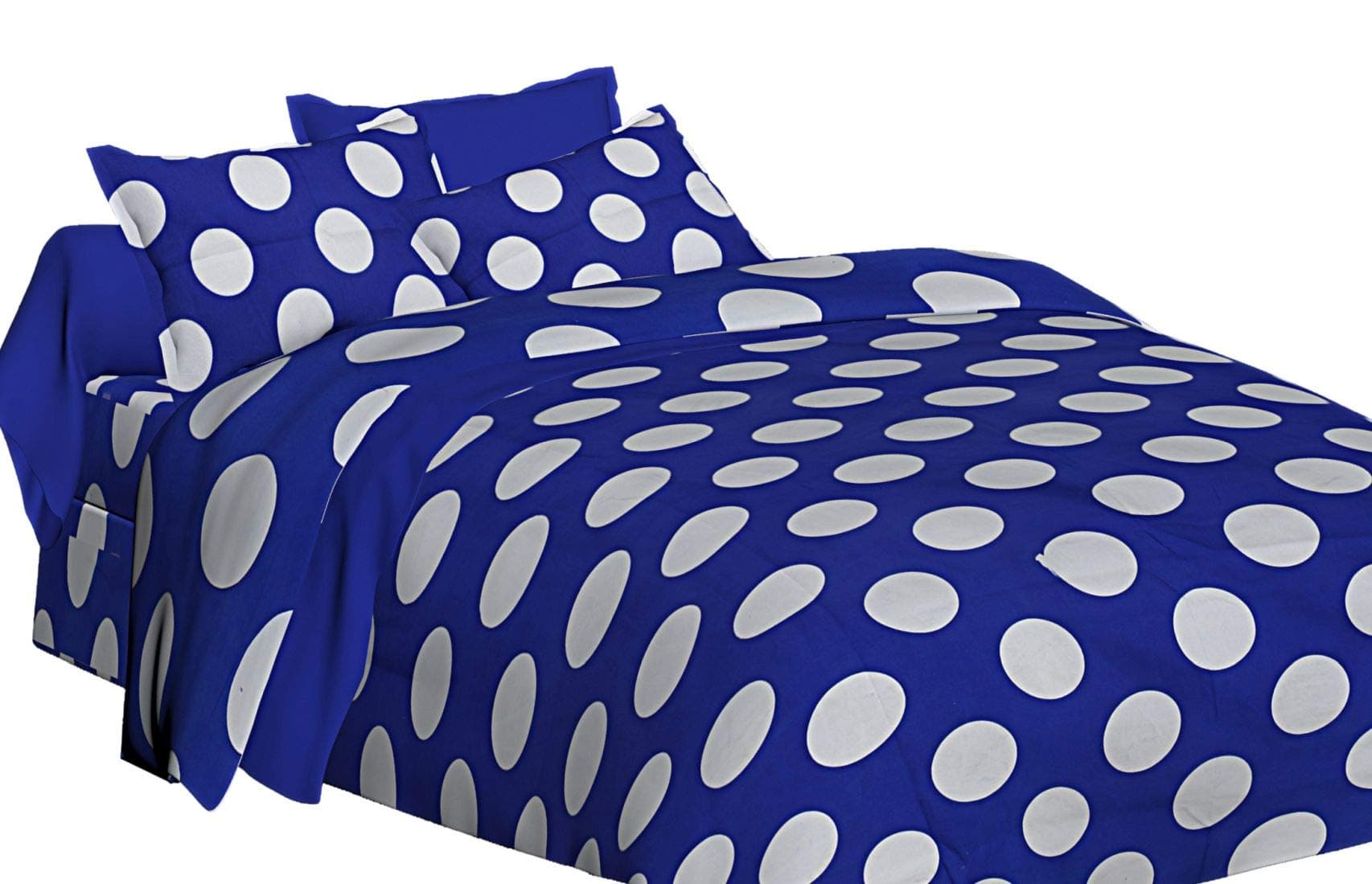 Spangle 144 TC Designer Polka Dot Printed Polyester King Bedsheet with 2 Pillow Covers (Blue & White)