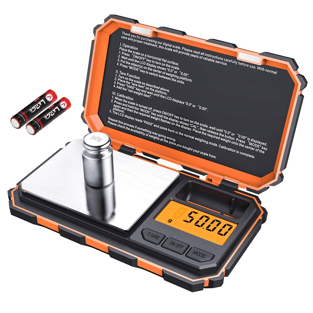 KeeKit Digital Mini Scale, 200g 0.01g Pocket Scale with 50g Calibration Weight, Electronic Smart Scale with Tare & LCD Backlit Display for Food, Tablets, Jewelry (Battery Included) – Orange