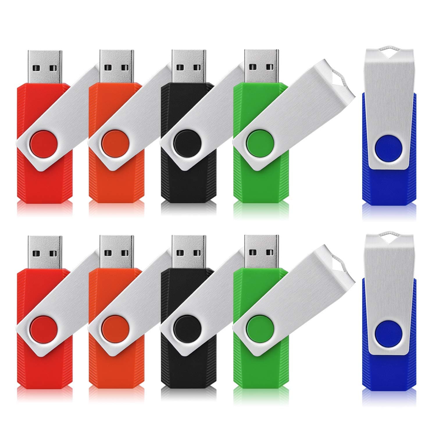 JUANWE 10 Pack 4GB USB Flash Drive USB 2.0 Thumb Drives Jump Drive Fold Storage Memory Stick Swivel Design - Black/Blue/Green/Orange/Red (4GB, 5 Mixed Color)