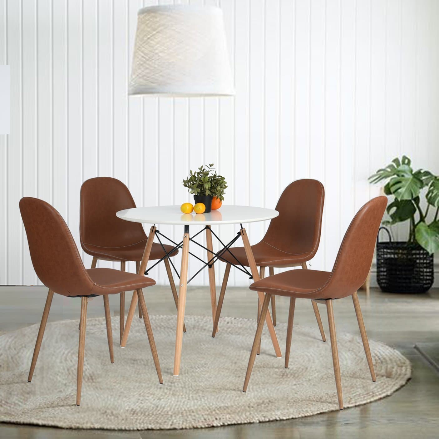 Scandinavian Dining Set - Extension Table 160-205cm with Storage function and Set of 4 Brown PU Leather Chairs