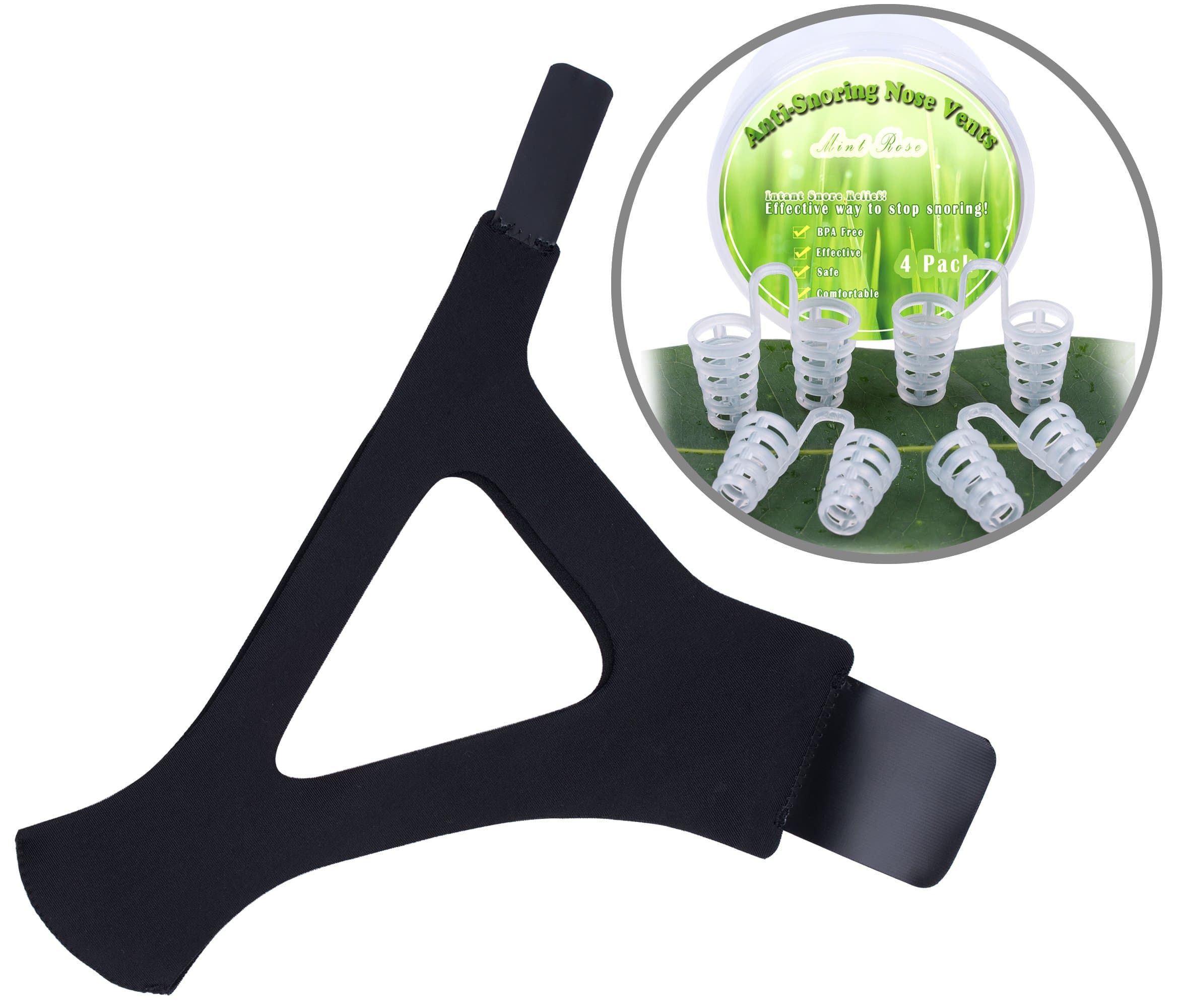 Mint Rose Pro Adjustable Stop Snoring Chin Strap and Free Anti Snoring Nose Vents (Black) (New Black)