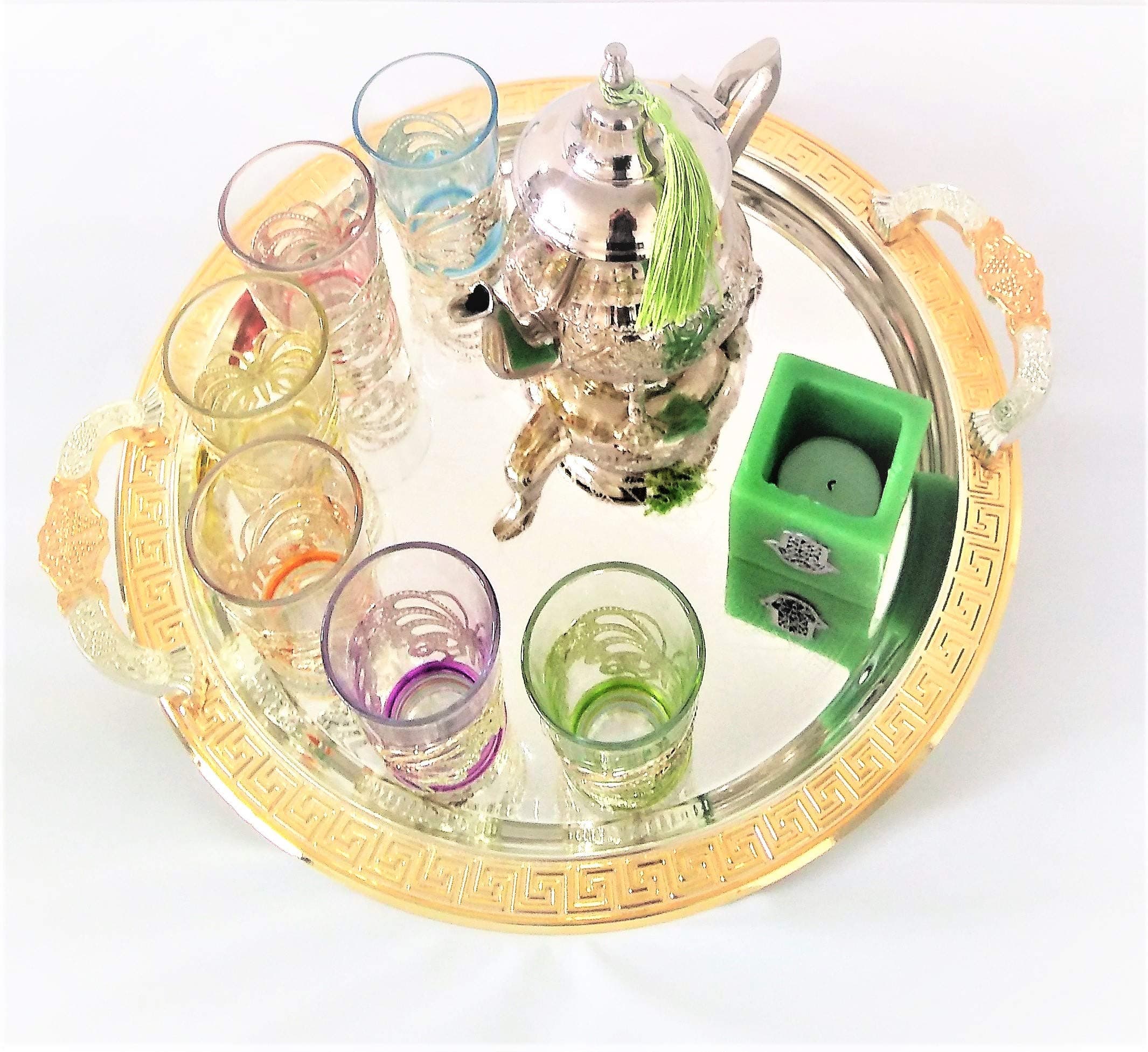 Mystery Souk Complete Moroccan Tea Set with 6 Glasses, Moroccan Plate + Arabic Tea Light Holder with Fatima Hand