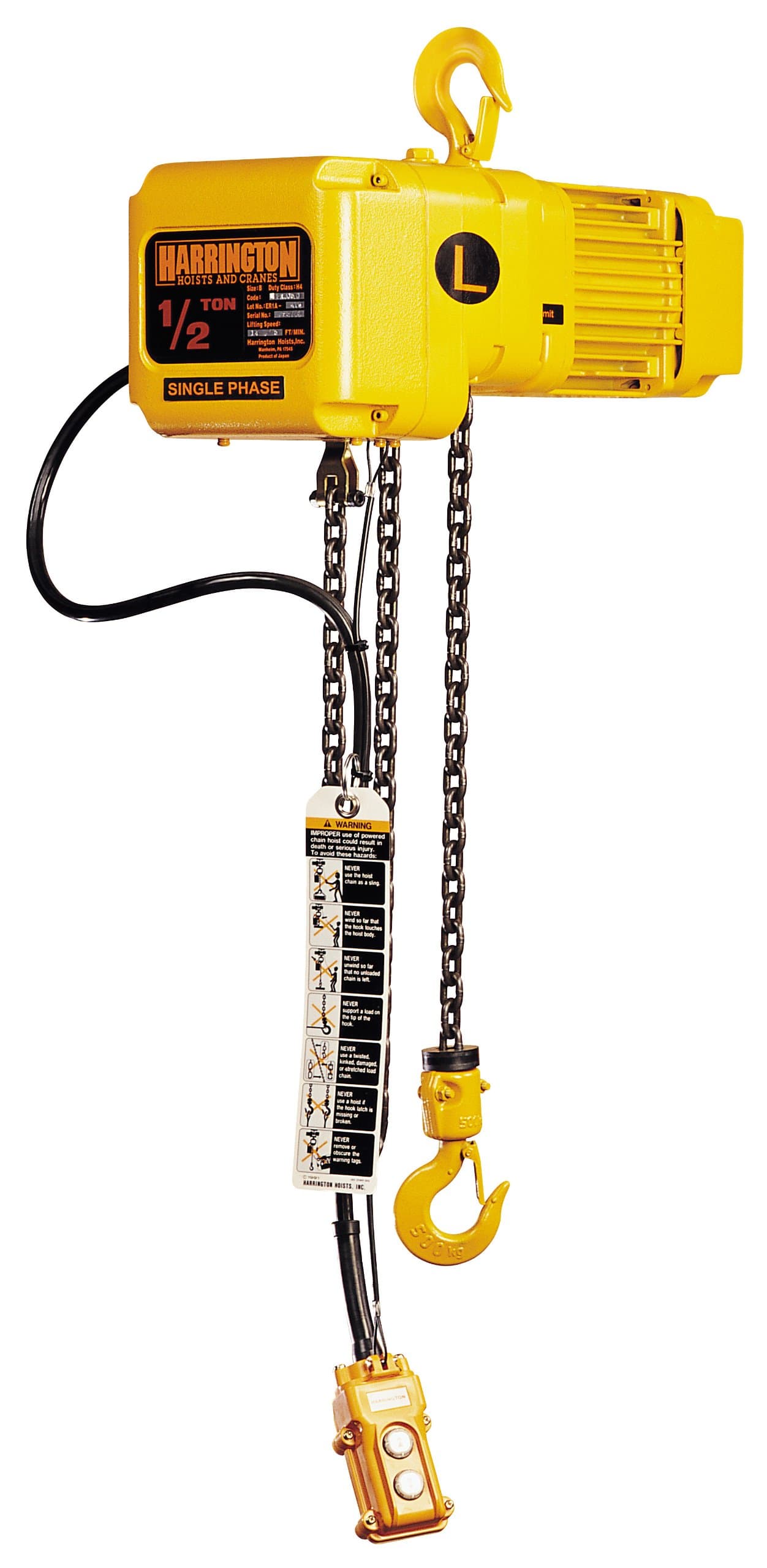 Harrington SNER Single Speed Electric Chain Hoist, Single Phase, Hook Mount, 1/2 Ton Capacity, 20' Lift, 15 fpm Max Lift Speed, 0.6 HP, 14.6" Headroom, 0.9" Hook Opening, 115/230V
