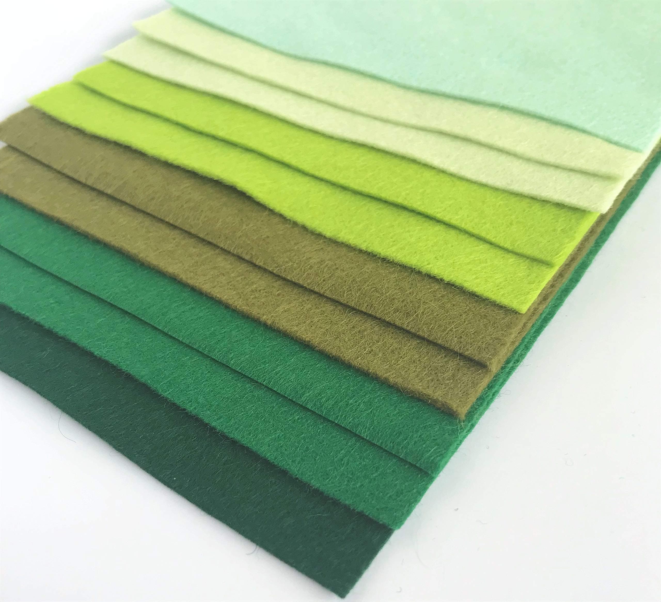 Greens - Wool Blend Felt - 10 Sheets - Assorted Green Shades - 1mm Thick - Soft Craft Felt (9 inch / 22cm Squares)