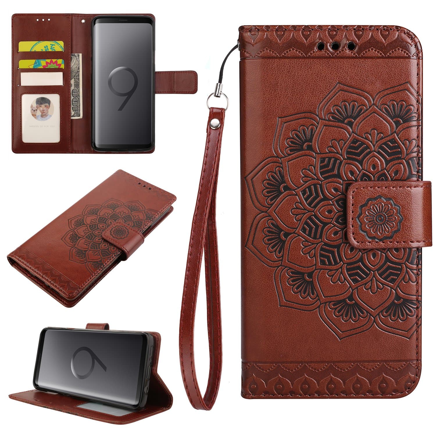 Samsung Galaxy S9 Case, Galaxy S9 Wallet Case, Crosspace PU Leather Magnetic Buckle Book Stand Protective Emboss Flowers Cover with Card Slots and Detachable Wrist Lanyard for Samsung S9-Brown