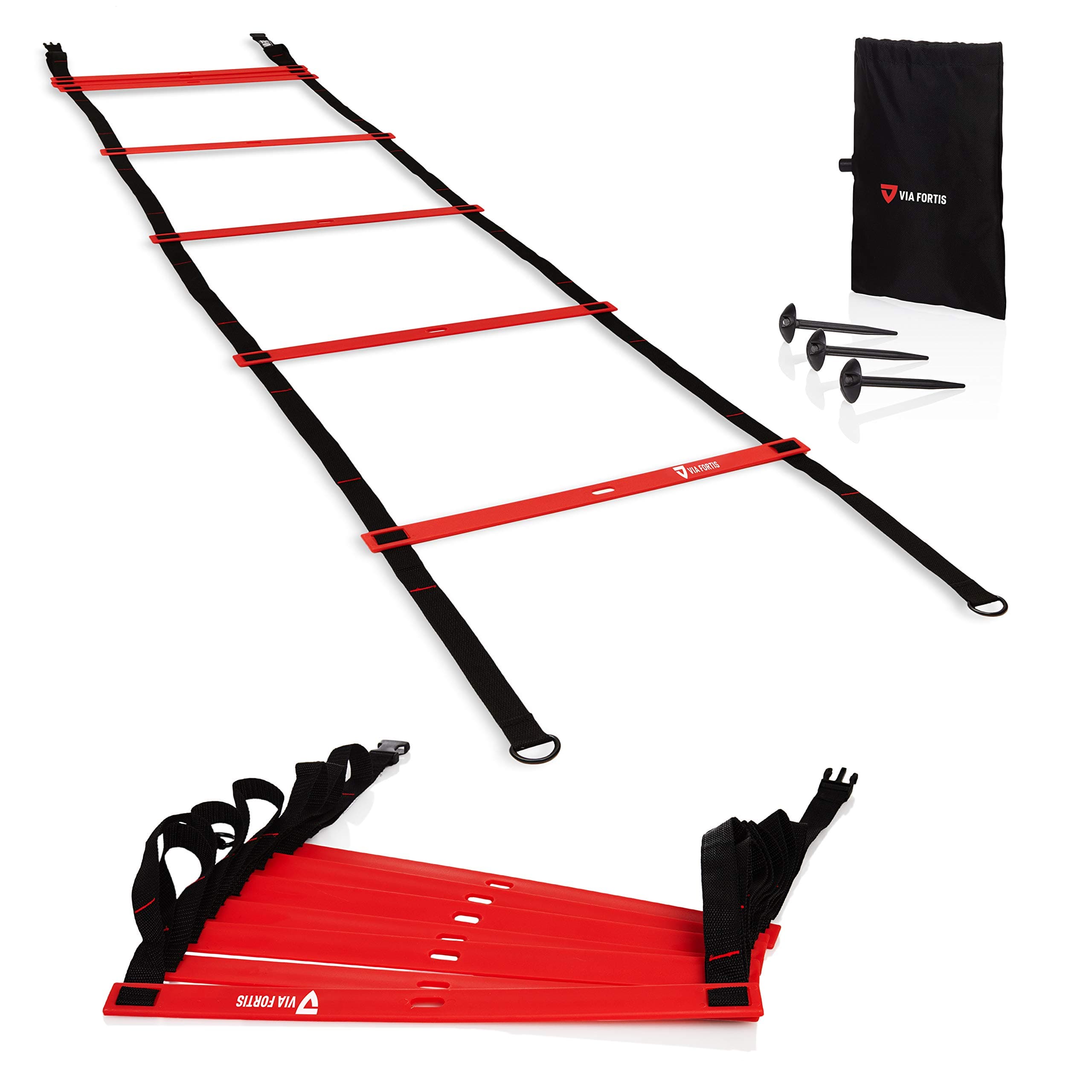 VIA FORTIS Premium Training Ladder (6 m) – Coordination Ladder for Functional Training Ball, Football, Basketball, Tennis and More – 2 Agility Ladder with Marked Straps, Tent Pegs and Bag