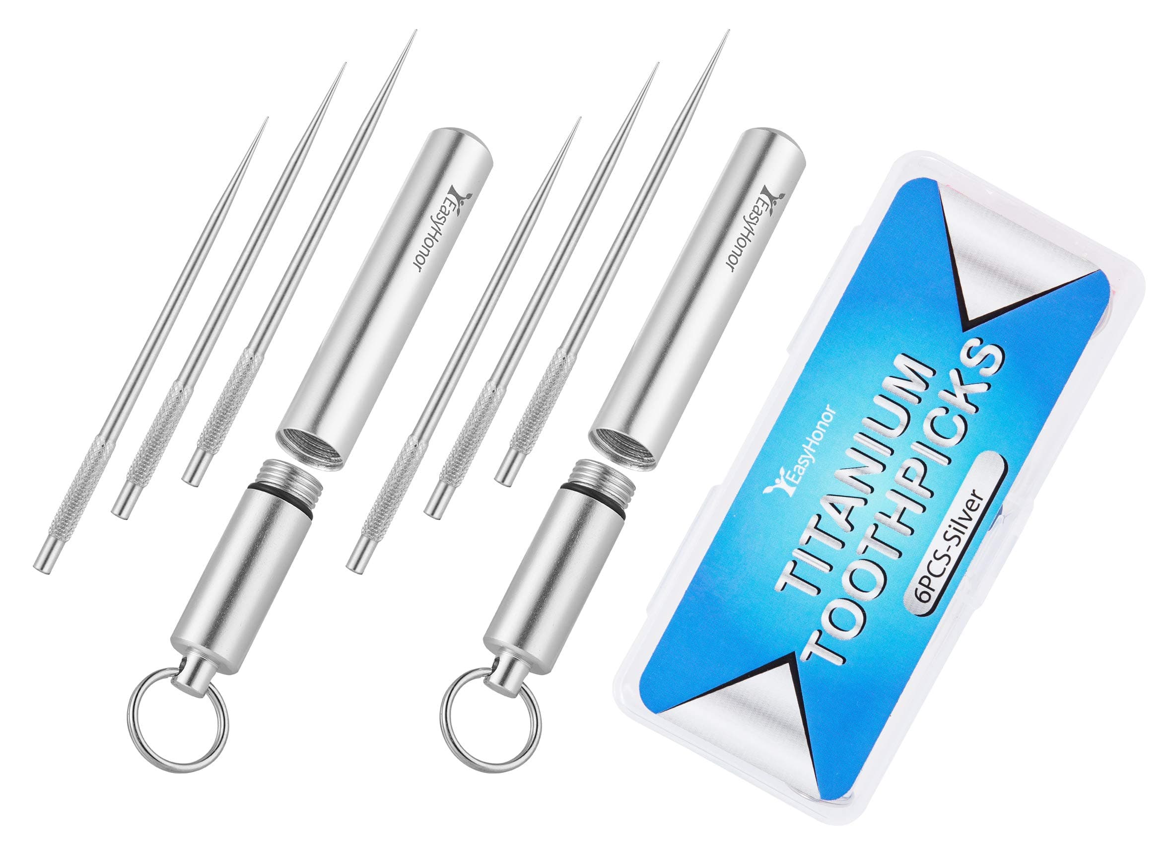 EasyHonor Titanium Toothpicks,6 PCS Silver Pocket Toothpicks for teeth, with 2 Portable Metal Toothpick Holder with key Ring, for Outdoor Picnic and Camping