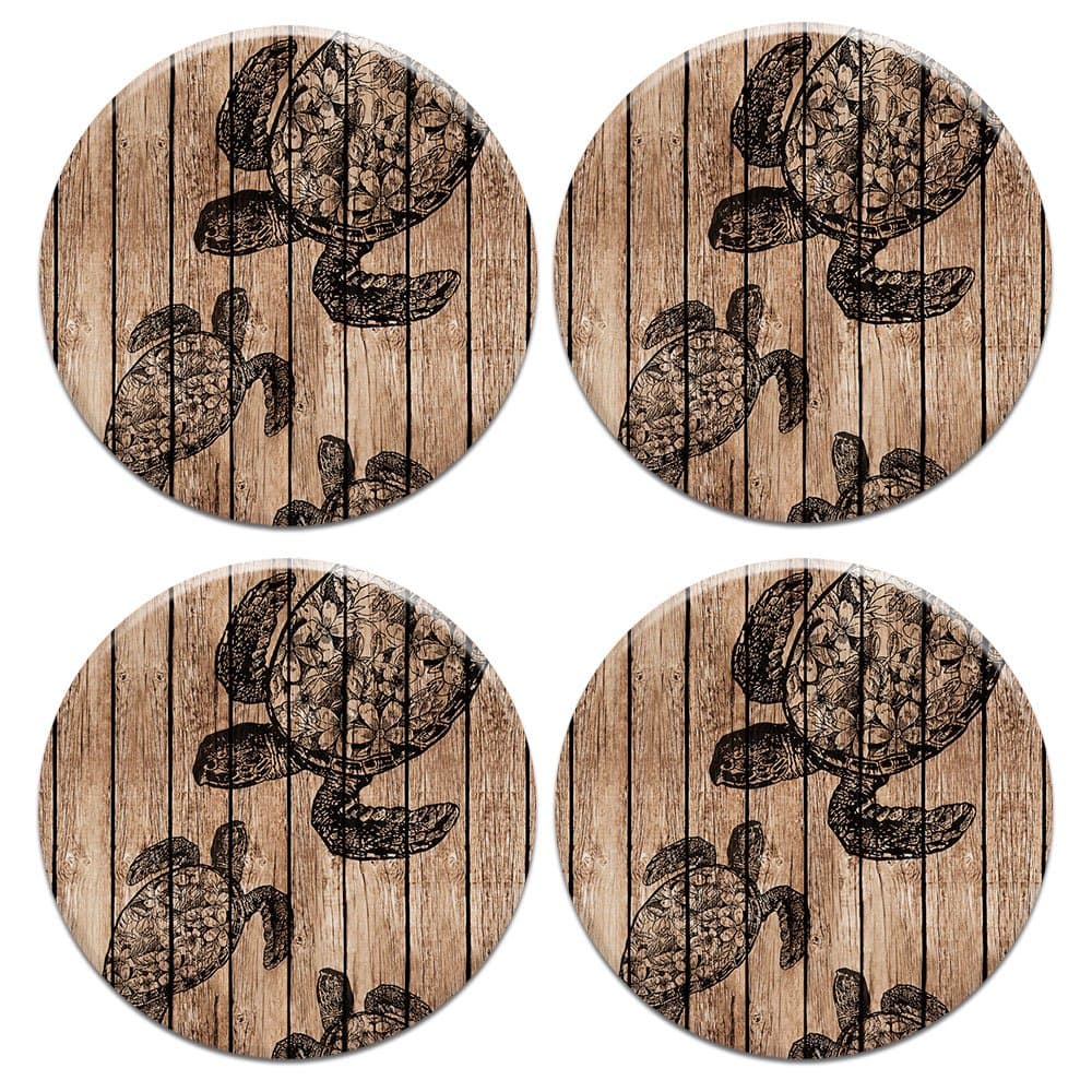 CARIBOU ROUND Ceramic Stone Coasters 4pcs Set, Mug Coffee Cup Place Mat Home Coasters for Hot & Cold Drinks, Turtle Wooden