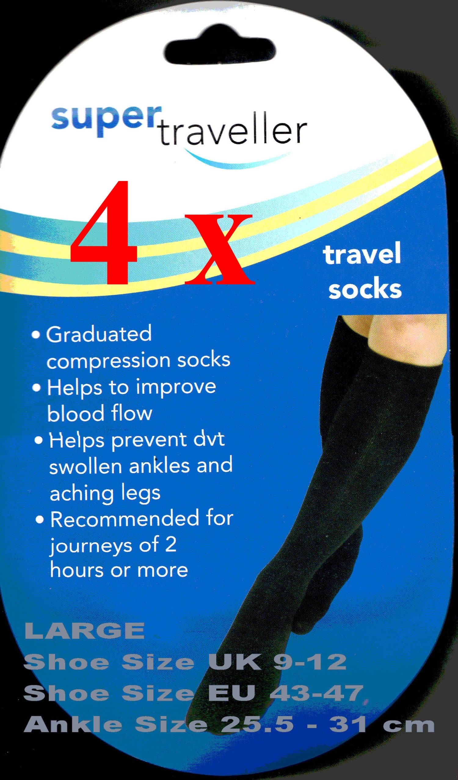 SUPER TRAVELLER Compression Travel Flight Socks Size 9-12, 43-47 LARGE of Four Pack - BLACK