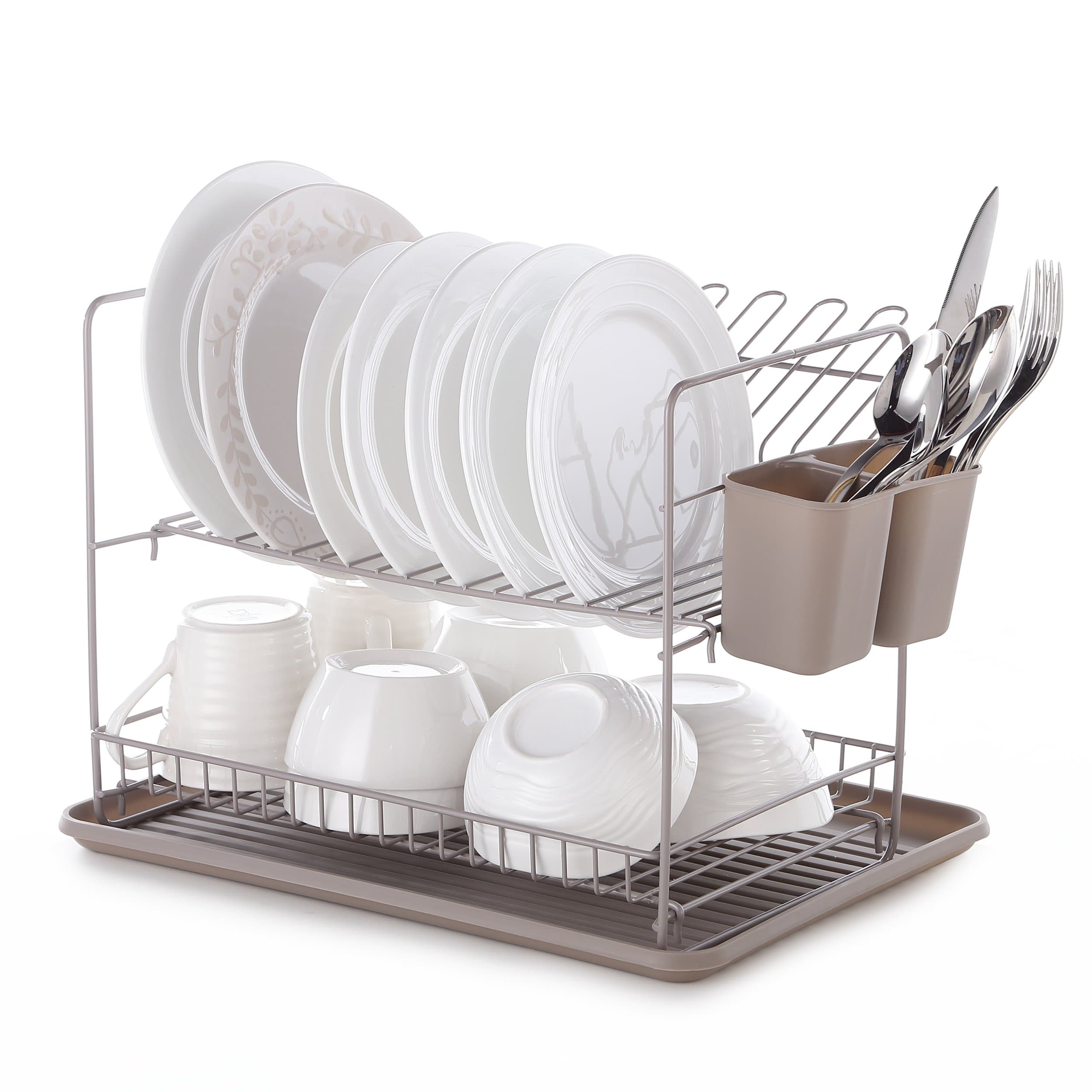 Lyndan - Folding 2 Tier Dish Rack Drainer with Drip Tray - Warm Grey