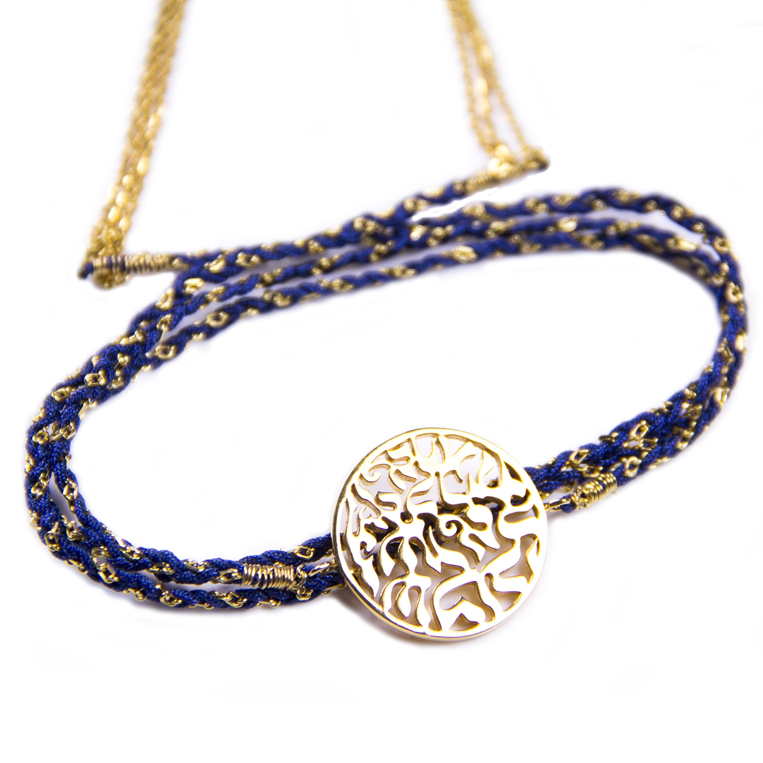 Midnight Blue Silk and Chain Wrap Bracelet with Chakra Circle of Life Symbol in Gold Plated Silver by Penny Levi