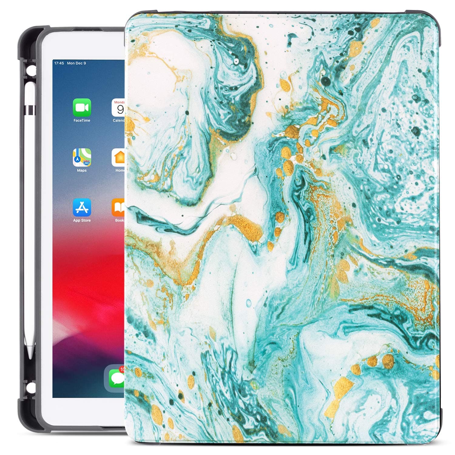 Gofupa 8th Generation iPad Case 2020, 10.2 Inch Case for 7th Gen iPad, iPad Air case/10.5-inch iPad Pro case with Pencil Holder , Soft TPU Full Body Protection Leather Stand Tablet Case Cyan Quicksand