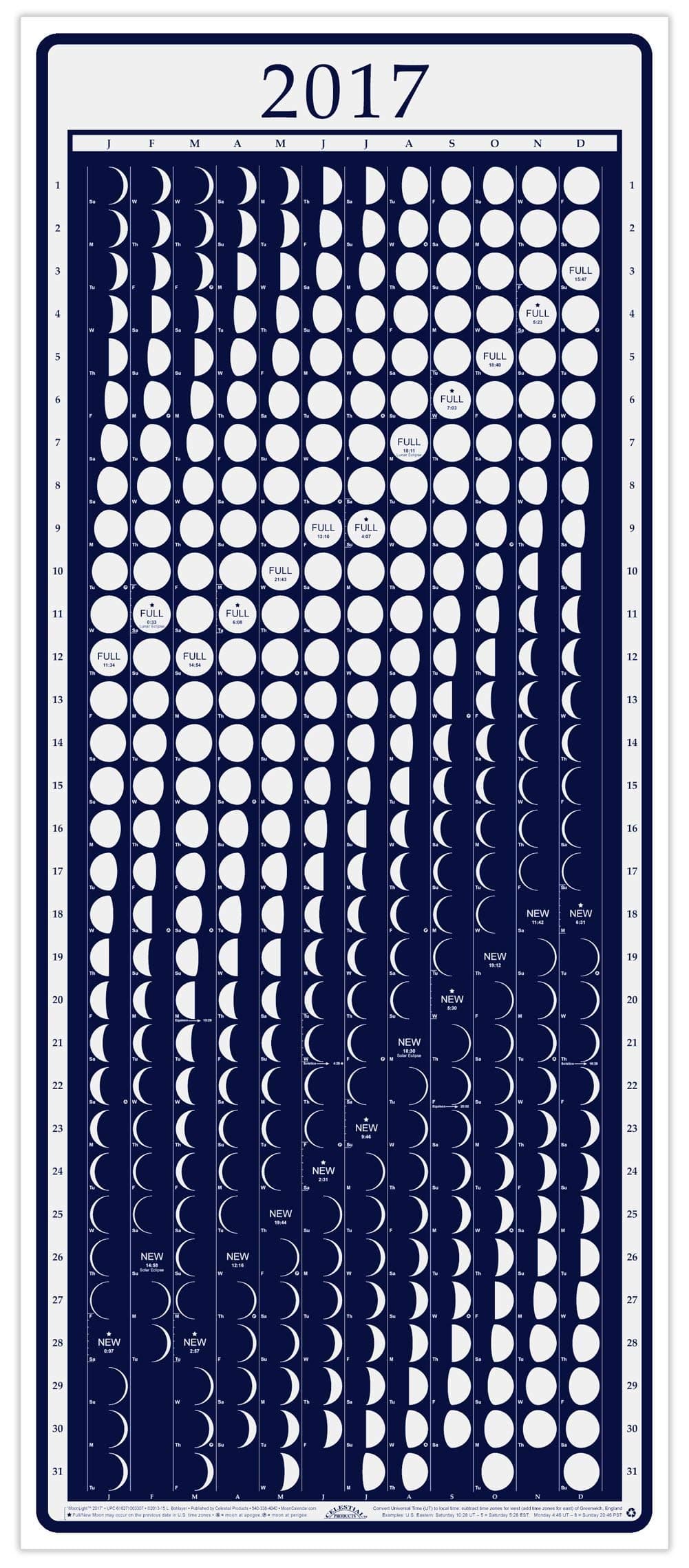 Celestial Products Moon Calendar 2017 Lunar Phases, Moonlight