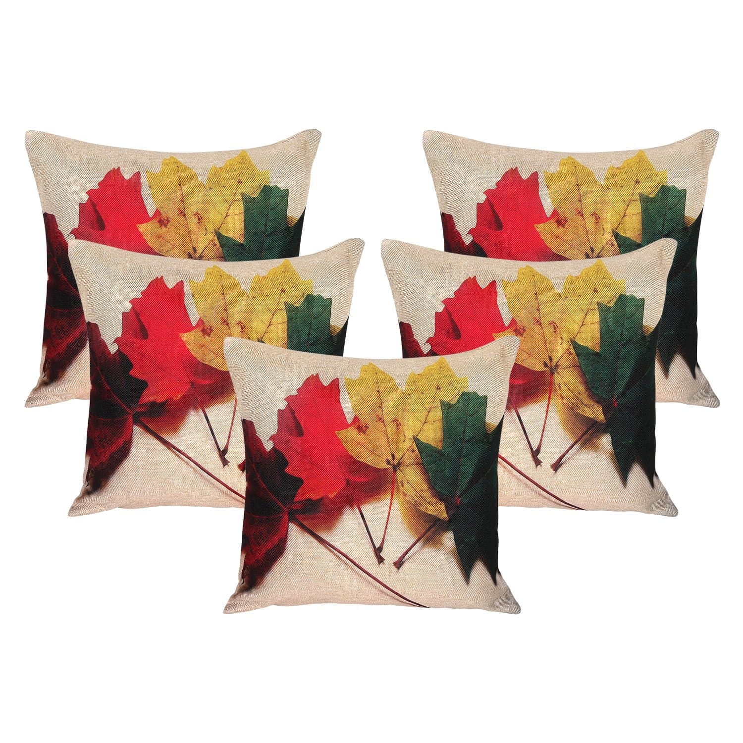 Vinayaka Fab Polyester Jute Fabric Maple Leaves Print Throw/Pillow Cushion Covers (Multicolour, 16 x 16" Inches, Set of 5)