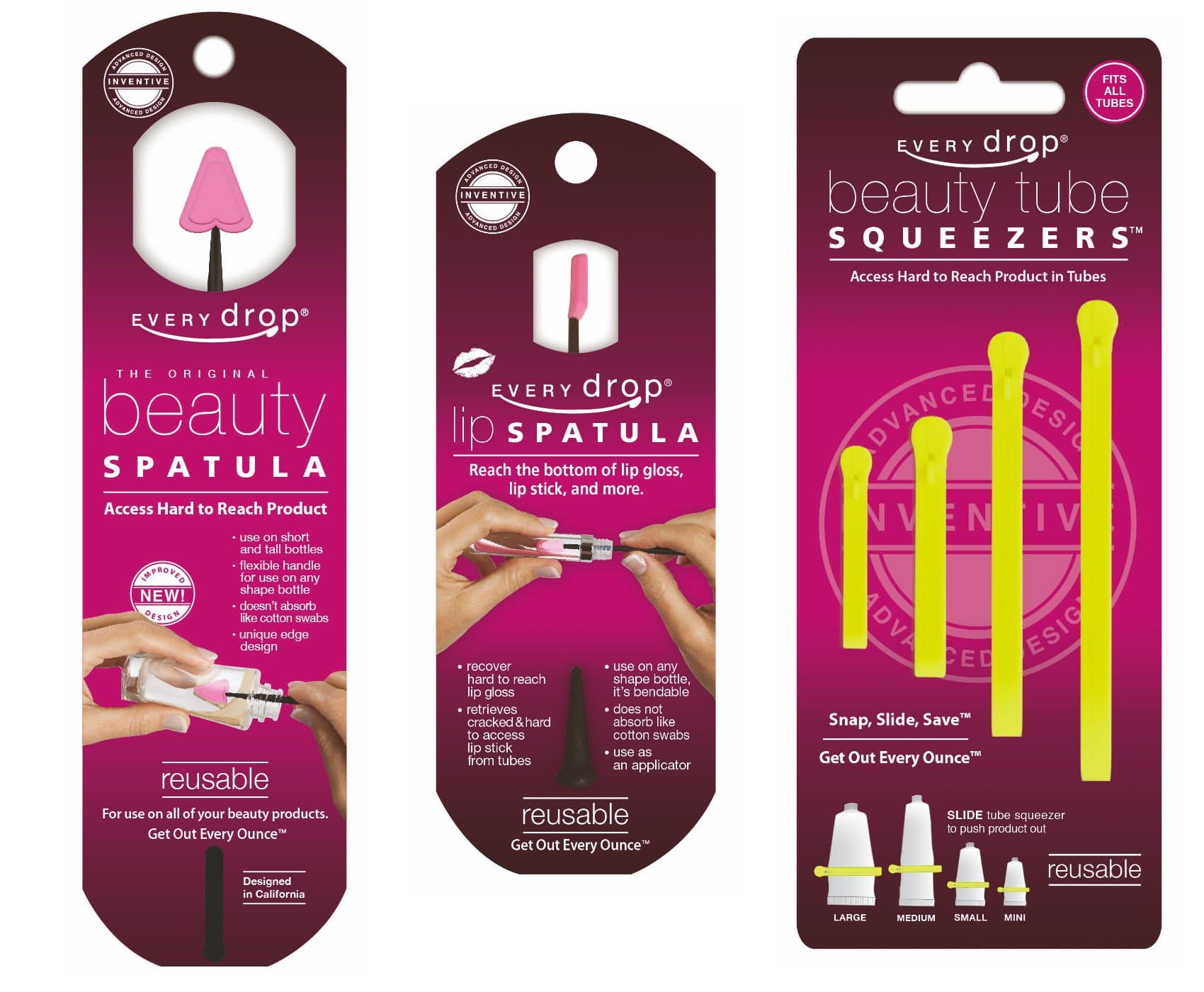 Every Beauty Drop Makeup Money Saving Cosmetic Tools Set of 3. Includes 1 Beauty Spatula, 1 Lip Spatula and 1 Tube Squeezer (containing 4 sizes).