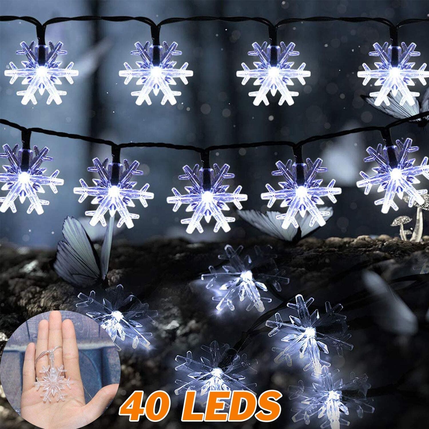 YECO Led String Lights 16 FT 40 LED Snowflakes String Lights Christmas Fairy Lights Battery Operated Waterproof Snowflake Christmas lights for Home, Party, Wedding, Holiday Decorations Garden Décor
