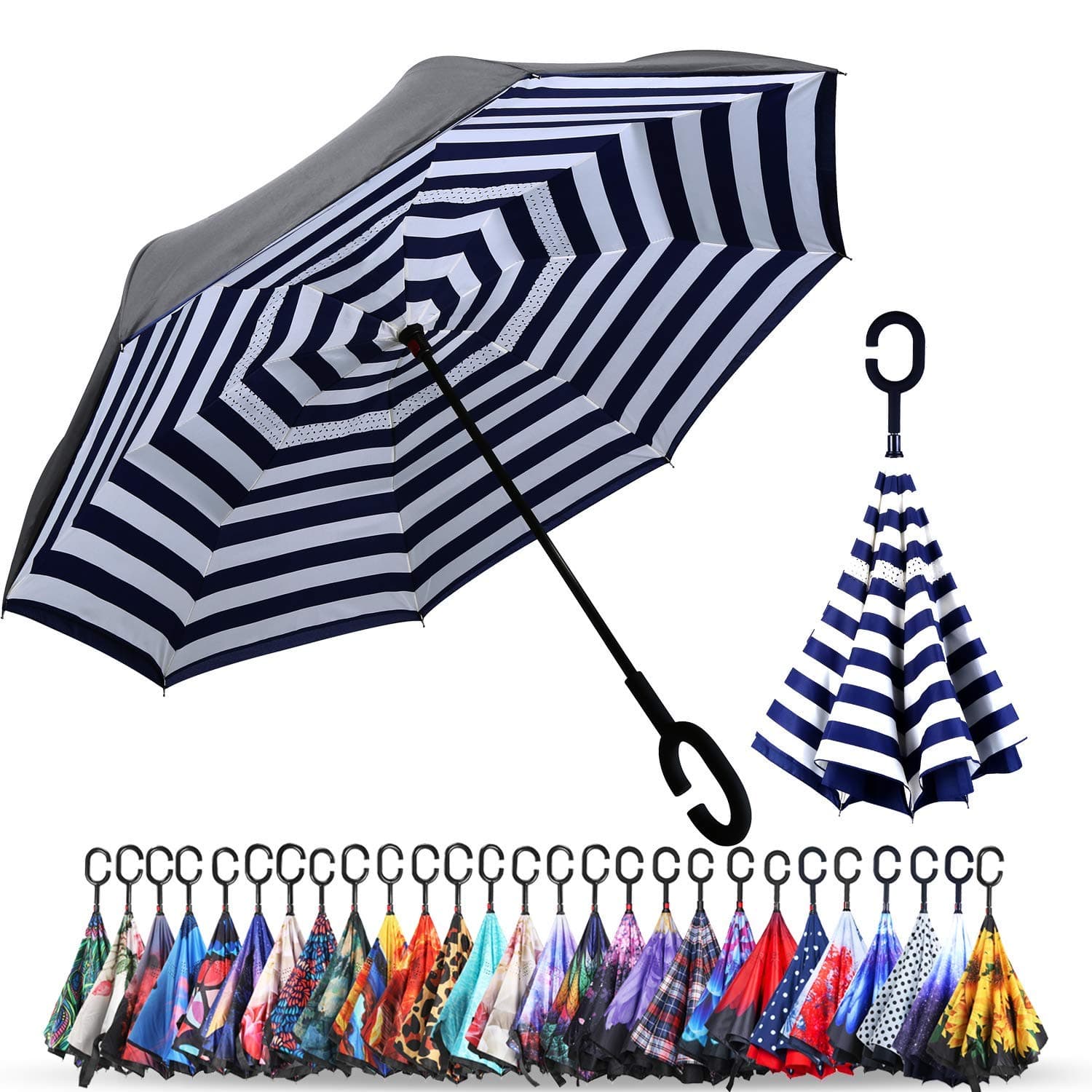 Double Layer Inverted Umbrellas Reverse Folding Umbrella Windproof UV Protection Big Straight Umbrella Inside Out Upside Down for Car Rain Outdoor With C-Shaped Handle