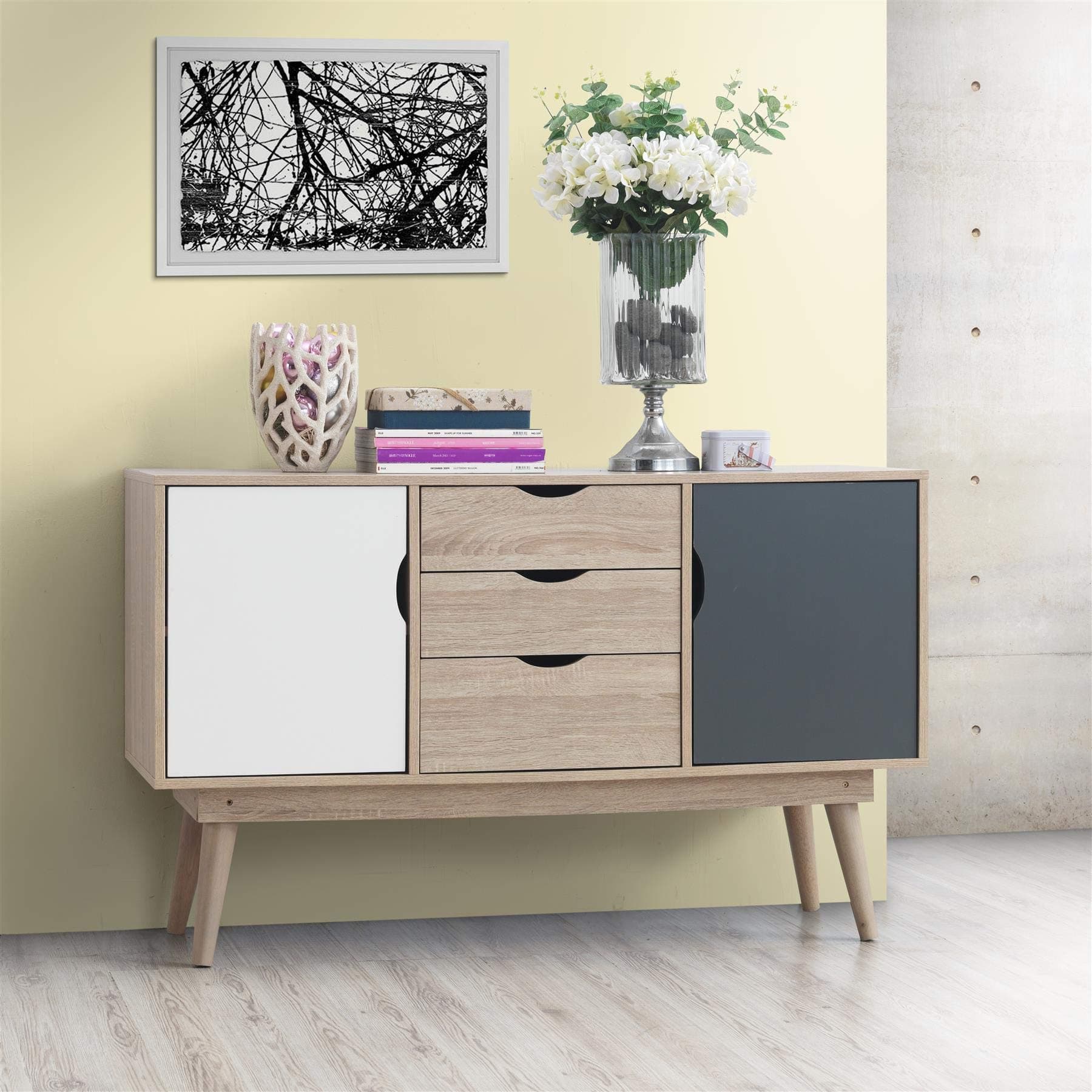 Timber Art Design Large Sideboard Storage 2 Doors 3 Drawers Cupboard Cabinet Sonoma Oak White Grey