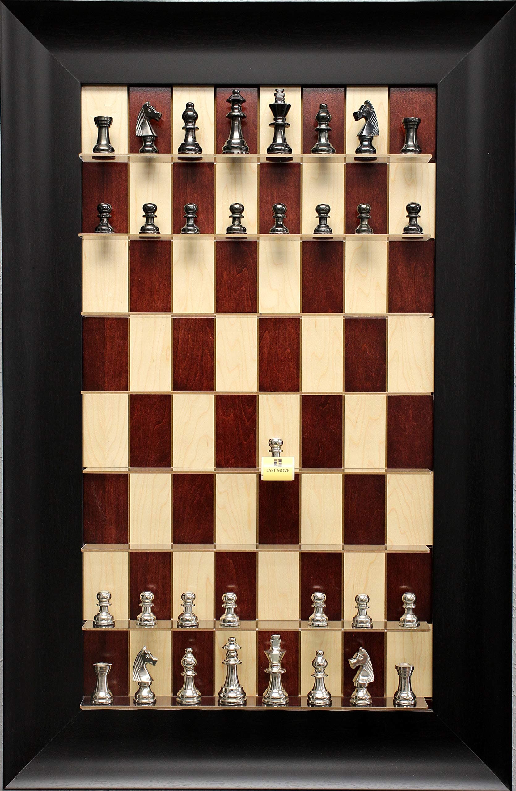 Red Maple Straight Up Chess board with Wide Scoop frame and Metal Chess pieces