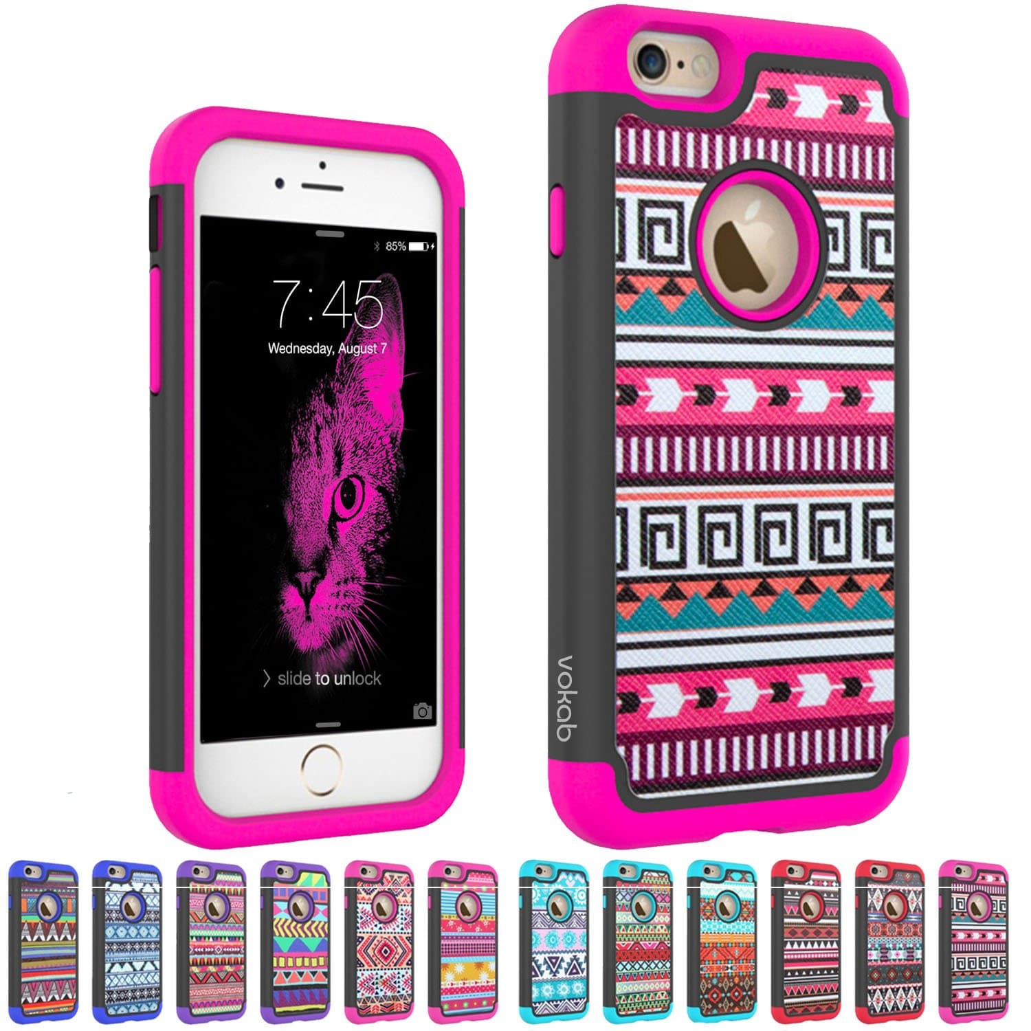 iPhone 6 & iPhone 6s Defender Case by Vokab, Hybrid Tribal Design Dual Layer Protection Cover for Apple i Phone 6 and 6s (4.7) Lifetime Guarantee (Hot Pink)