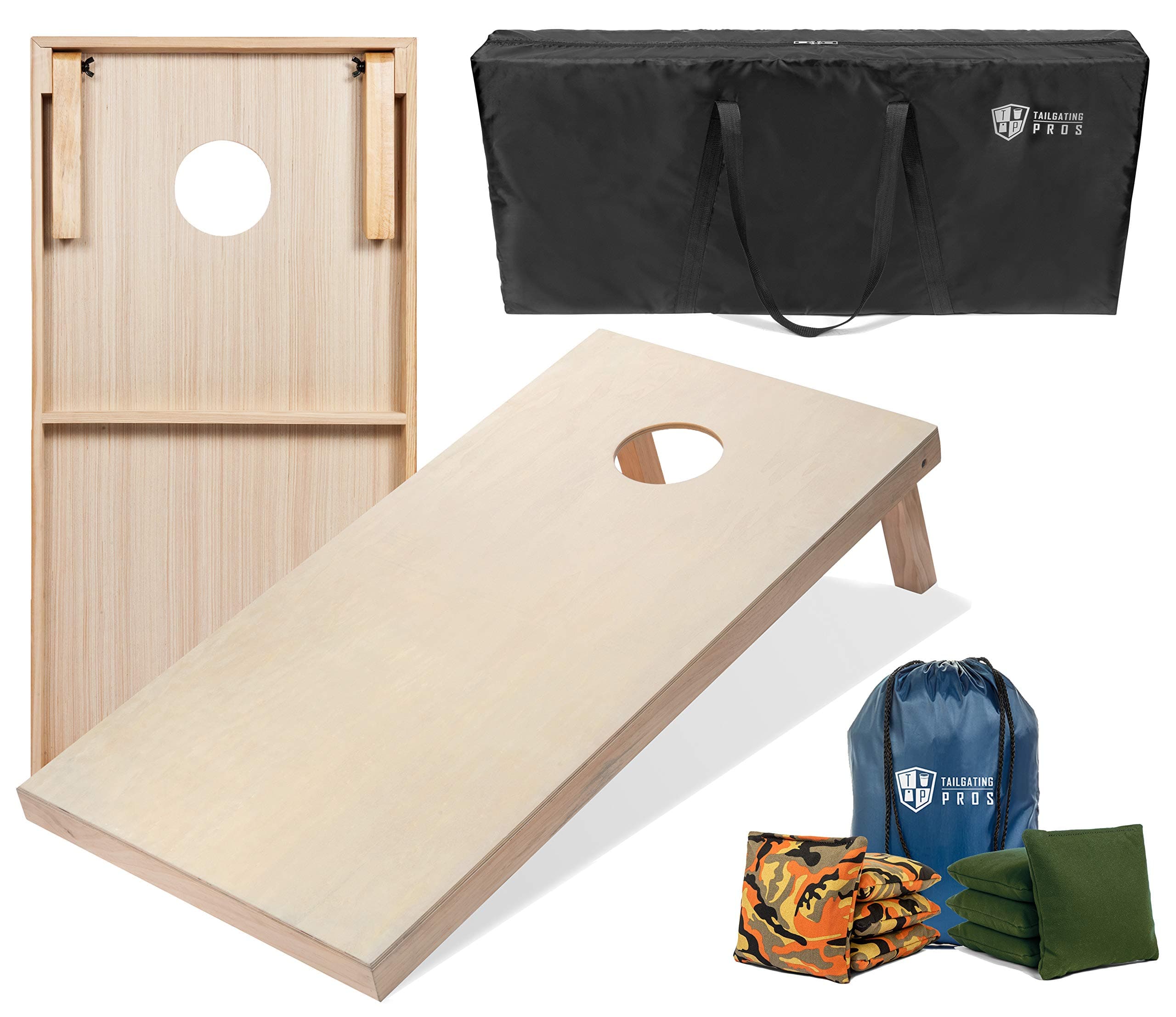 Tailgating Pros Cornhole Boards - 4'x2' & 3'x2' Cornhole Game w/Carrying Case & Set of 8 Corn Hole Bags - 150+ Color Combos! Optional LED Lights