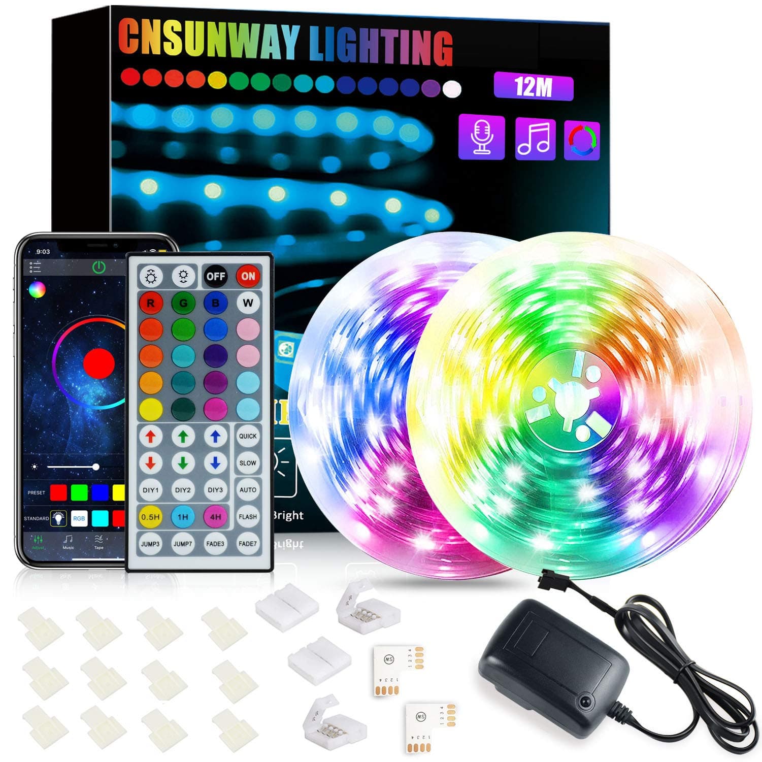 CNSUNWAY LIGHTING LED Strip Light, 12m Led RGB Light Bluetooth APP Control, IR Remote Control, with Music Sync, SMD5050 RGB Color Changing Light Strips Kit for Bedroom, Kitchen, Ceiling, Bar, Party