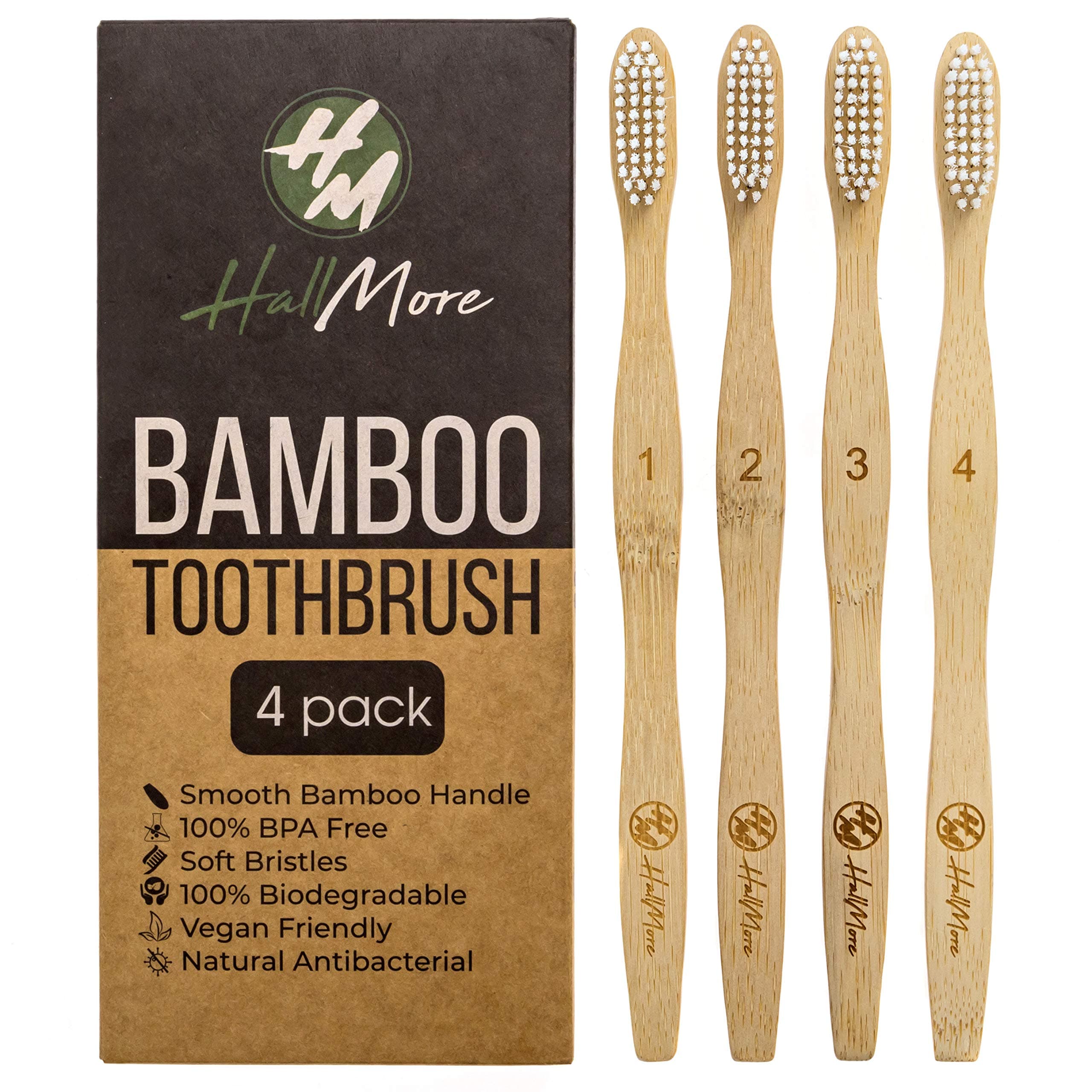 HallMore Bamboo Toothbrush,Biodegradable Soft Bristles Toothbrushes, 4 Pack