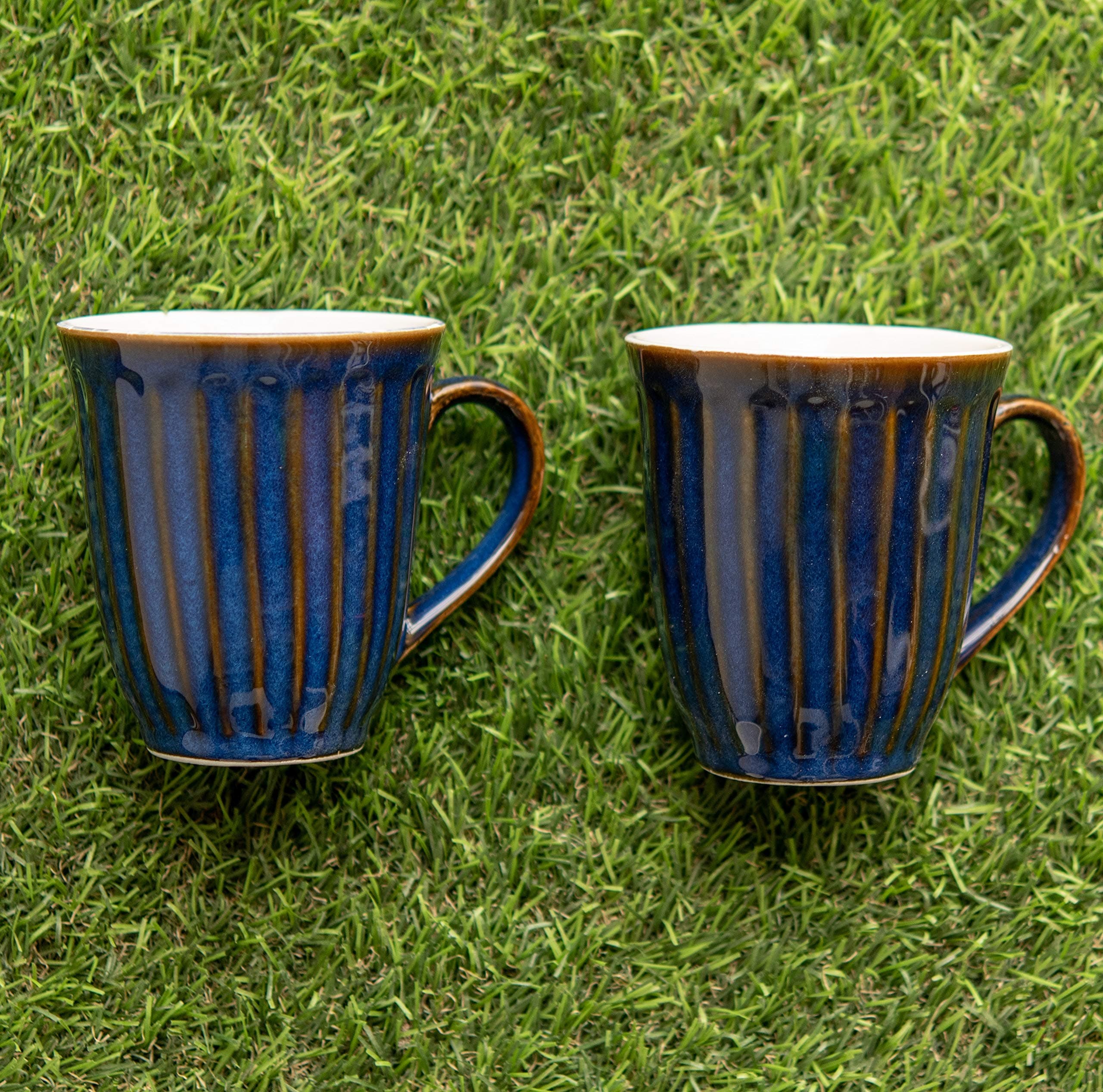 KITKO 320 ml Microwave Safe Blue Glazed Cermamic Tea Coffee Milk Mugs Cups with Golden Sparkle (Set of 2)