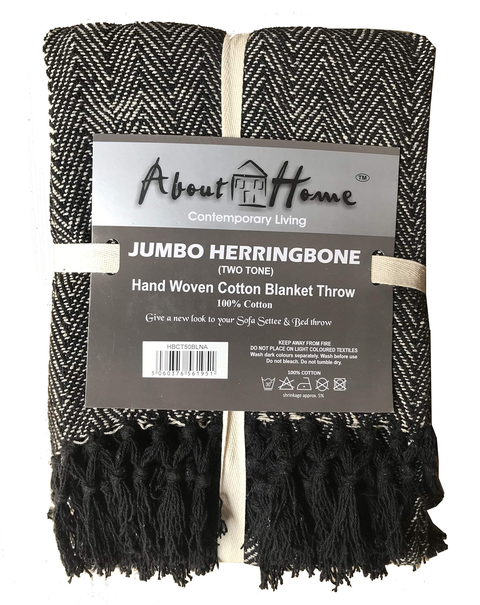 About Home Cotton Rich Herringbone Blanket Throw, Settee Cover (Black/natural, 50"x60")