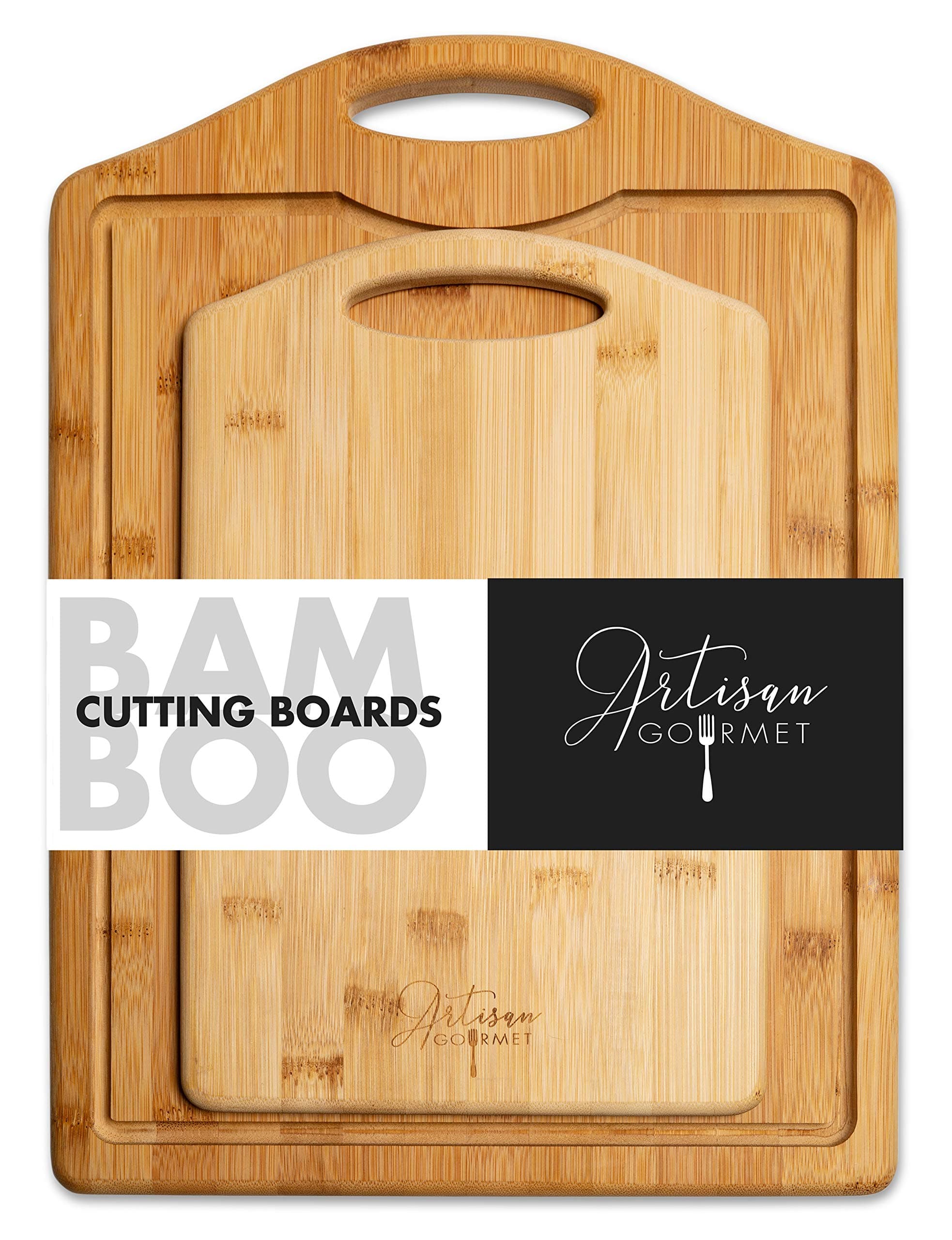 Bamboo cutting board for kitchen with anti-microbial & eco-friendly wood and juice grooves. Extra large and medium set of 2