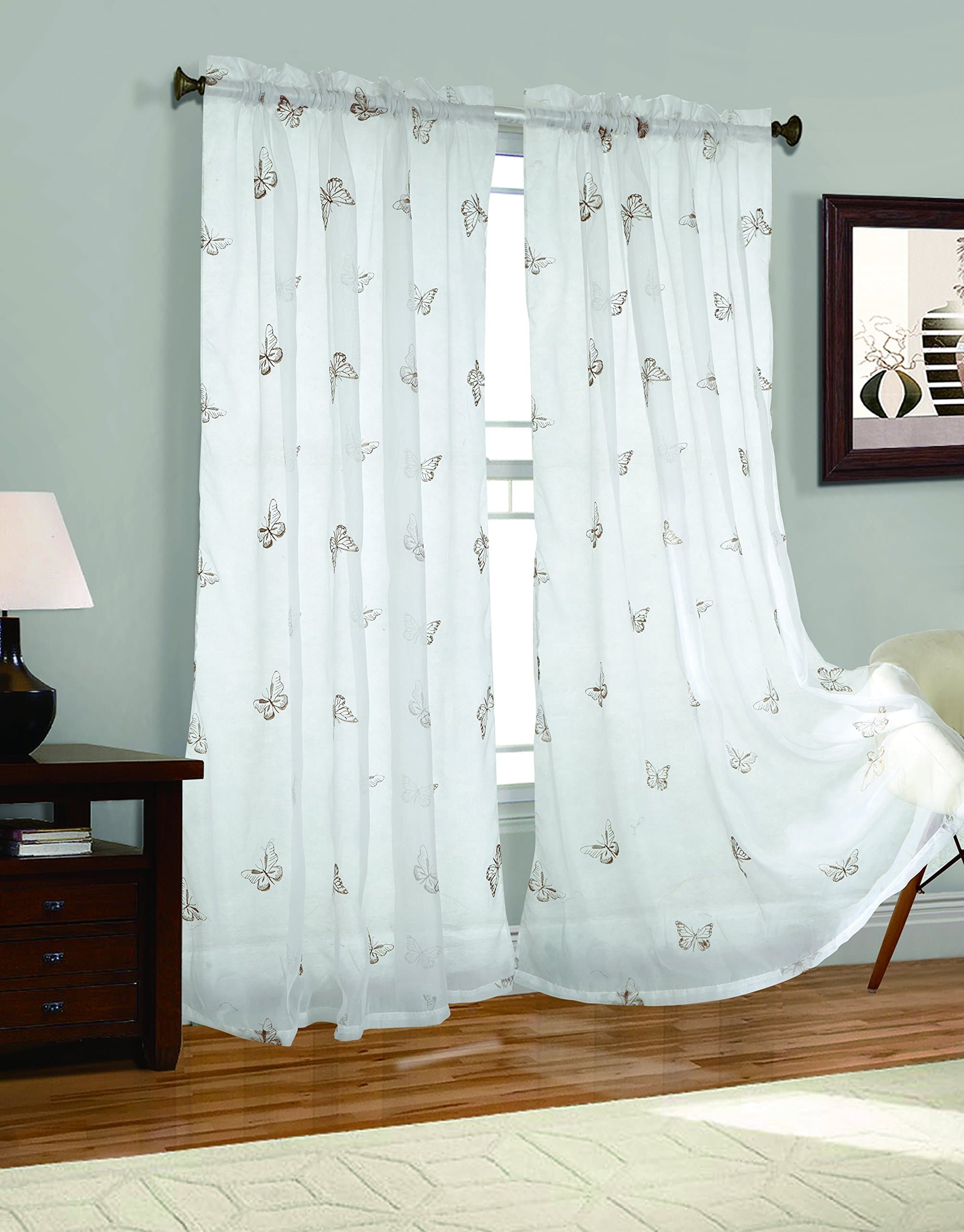 2 Piece Butterfly Embroider Sheer Voile Window Curtain Panel Drapes Brown Color Small Size