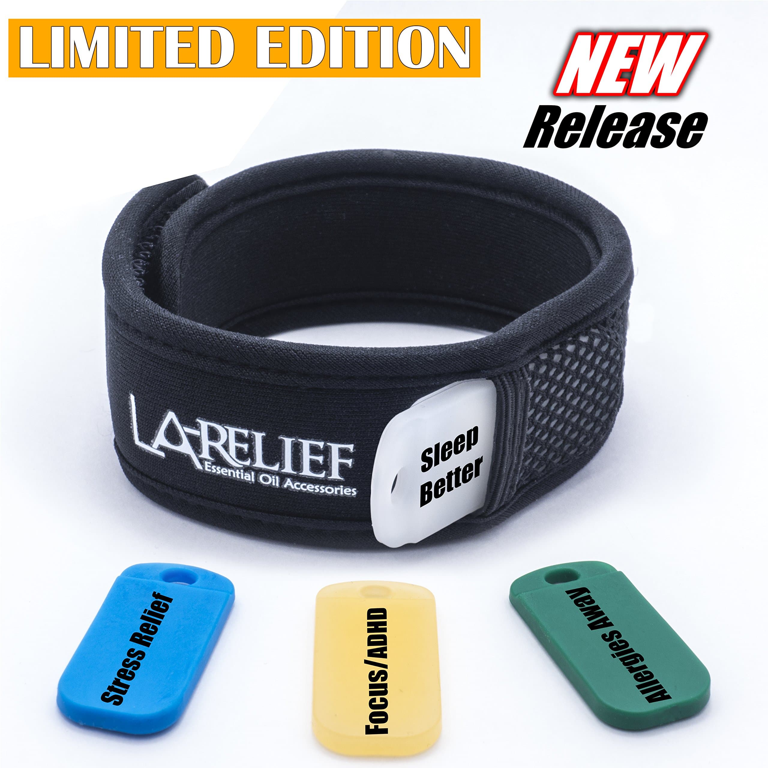 Aromatherapy Oils Bracelet Diffuser, ADHD/ADD, Stress relief , Alergies relief and good sleeping . Set of 4 Solid Pellets Soaked with 100% Pure Therapeutic Grade Aromatherapy Oil. (black)