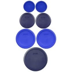Pyrex (1) 7402-PC 6/7 Cup Dark Blue (2) 7201-PC 4 Cup Cobalt Blue (2) 7200-PC 2 Cup Dark Blue (2) 7202-PC 1 Cup Cobalt Blue Food Storage Lids