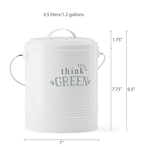 Barnyard Designs Decorative Compost Bin with Lid for Kitchen Countertop, Food Composter Container Can, Small Indoor Compost Trash Bucket, 1.2 Gallon, Galvanized Steel, 7" x 9.5", White