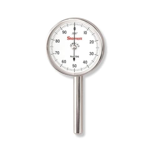 Starrett 196A5Z Universal Dial Indicator, Back Plunger, White Dial, 0-50-0 Reading, 0-0.2" Range, 0.001" Graduation