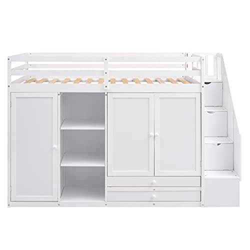 Quarte Modern Functional Twin Size Loft Bed with 2 Wardrobe and 2 Drawers,Solid Wood Loft Bed with 3 Shelves and Storage Staircase,for Kids Teens Adults Bedroom Use (White#a-)