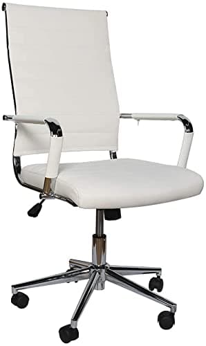 Office Chair MORCOE White High Back Ribbed PU Leather Soft Executive Ergonomics Swivel Chair | Modern Style