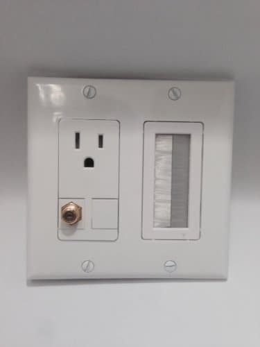 CERTICABLE Custom White Double Gang Wall Plate- AC 15A 110V Power Outlet + Coax Cable TV + MESH Grommet FEEDTHROUGH