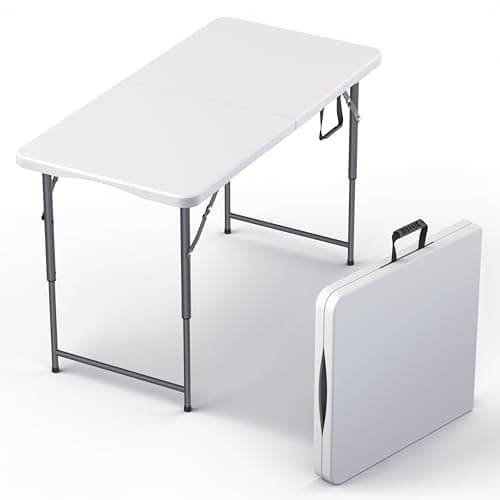 4 Feet Foldable Table Adjustable Height with Built in Handle, Steel Legs | Heavy Duty Portable | Perfect for Party, Dining, Wedding, Events, Picnic Indoor, Outdoor, Camping, Utility, Temporary