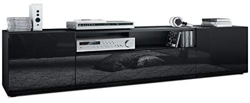 Vladon Mogan Lowboard, TV Unit with 2 Doors, 1 Drop-Down Door and 1 Open Compartment, Black matt/Black High Gloss (181 x 39 x 35 cm)