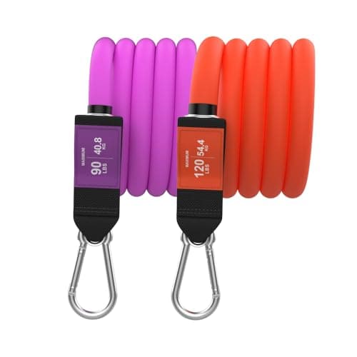 Bodylastics Stackable Resistance Bands - Max 90lb Purple and Max 120lb Orange Band Pack - Patented Snap Reduction Tech Workout Bands - Strong Nickel Coated Iron Clips