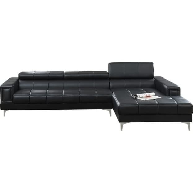Poundex Bobkona Hayden Bonded Leather Sectional with Adjustable Back, Black