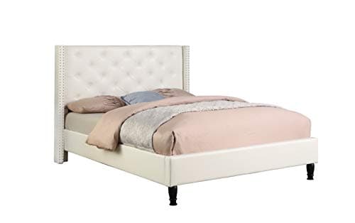 Home Life Premiere Classics Leather White Tufted with Nails Leather 51" Tall Headboard Platform Bed with Slats Queen - 007