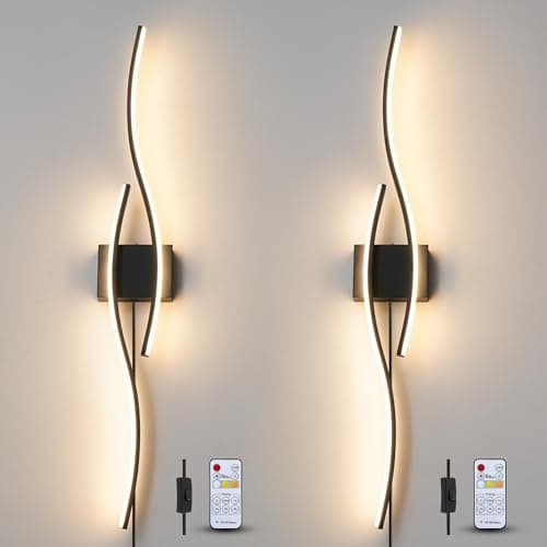 Modern Plug in Wall Sconces Set of Two, RC Dimmable LED Plug in Wall Light, Black Sconce Wall Lighting for Living Room, Hallway, Bedroom