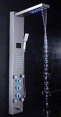 ELLO&ALLO LED Rainfall Waterfall Shower Head Rain Massage System with Body Jets, Stainless Steel Bathroom Shower Panel Tower System, Brushed Nickel