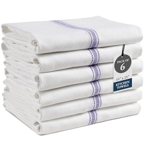 LANE LINEN Kitchen Towels, 6 Pack 15"x25" Dish Drying Towels, 100% Cotton Tea Towel with Hanging Loop, Reusable Napkin, Durable After Multiple Washes, Soft & Absorbent - Blue Stripe