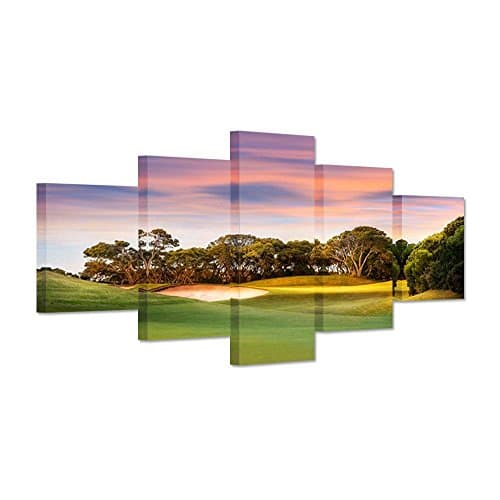 iHAPPYWALL Large 5 Panel Golf Canvas Prints Green Grass Golf Course Field At Sunset Wall Art The Picture Landscape Golfer Sports Lover Gift For Living Room Decor Ready to Hang